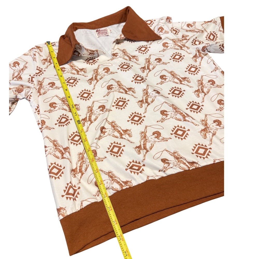Howdy Hanny Western Rodeo Cowboy Print Polo Top Brown White XL Ranch Girl Dreams - Picture 7 of 12